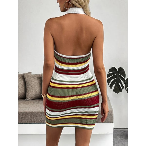 Women's Homecoming Dress Knit Mini Halter Neck with Striped Collar and Open Back - Image 3