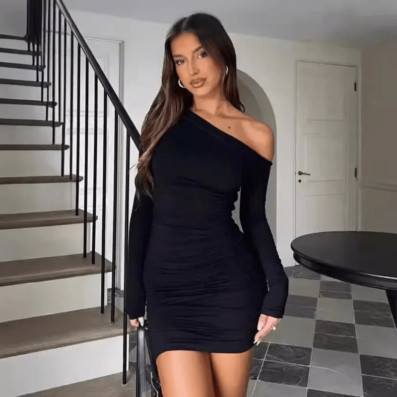 Women's Homecoming Dress Long Sleeve Mini Bodycon with Off-Shoulder Ruched Design - Image 2