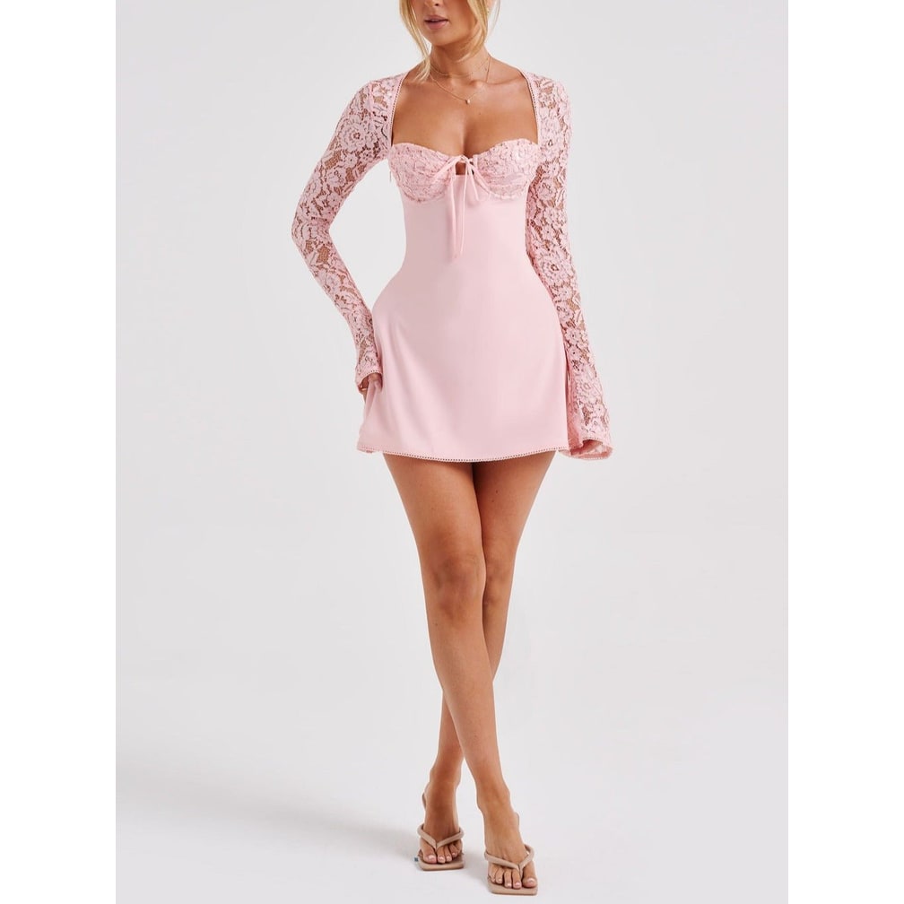 Women's Homecoming Dress Long Sleeve Mini Lace with Sweetheart Neckline and Corset Back - Image 2