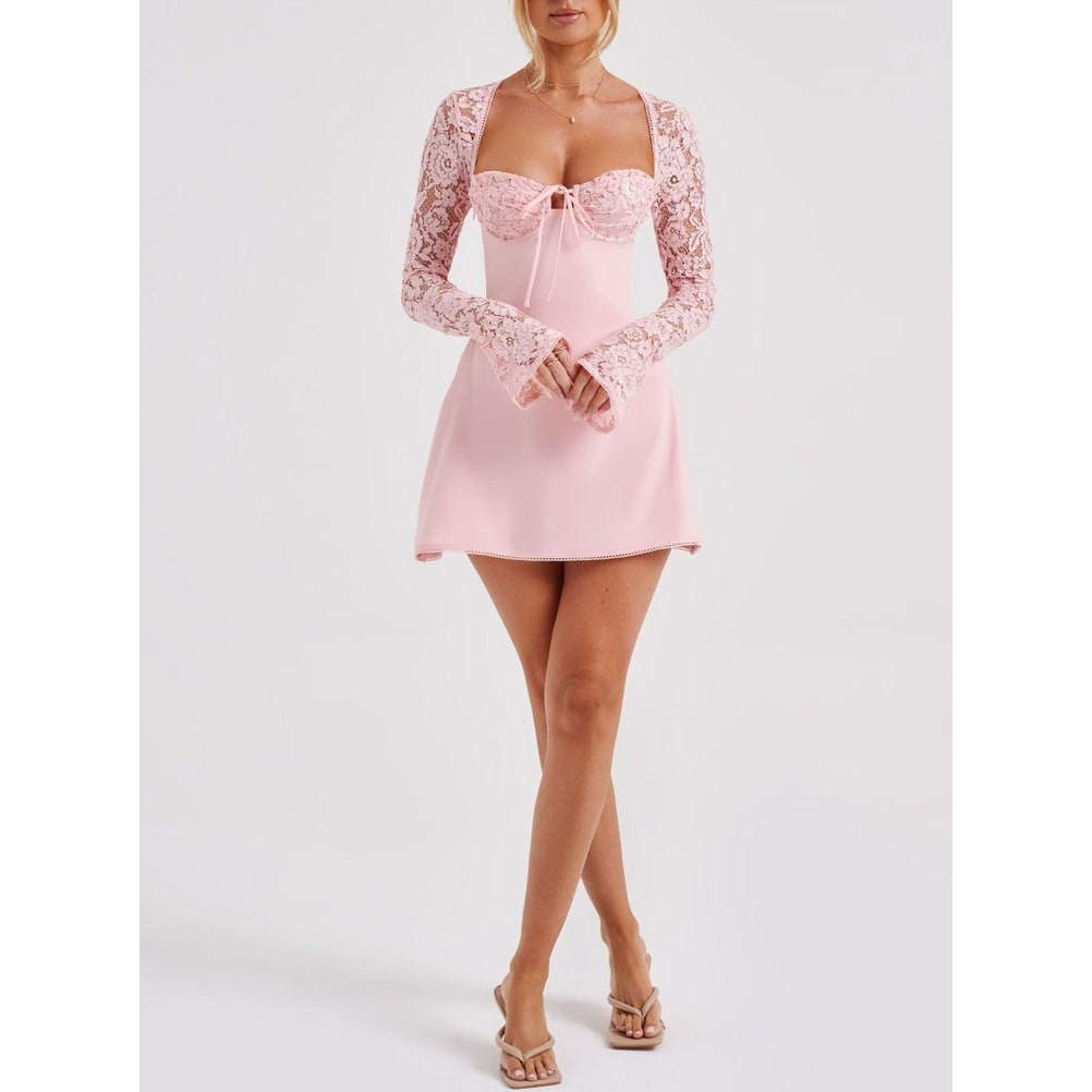 Women's Homecoming Dress Long Sleeve Mini Lace with Sweetheart Neckline and Corset Back - Image 3