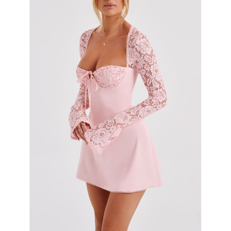 Women's Homecoming Dress Long Sleeve Mini Lace with Sweetheart Neckline and Corset Back - Image 4