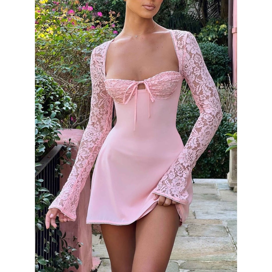 Women's Homecoming Dress Long Sleeve Mini Lace with Sweetheart Neckline and Corset Back - Image 8