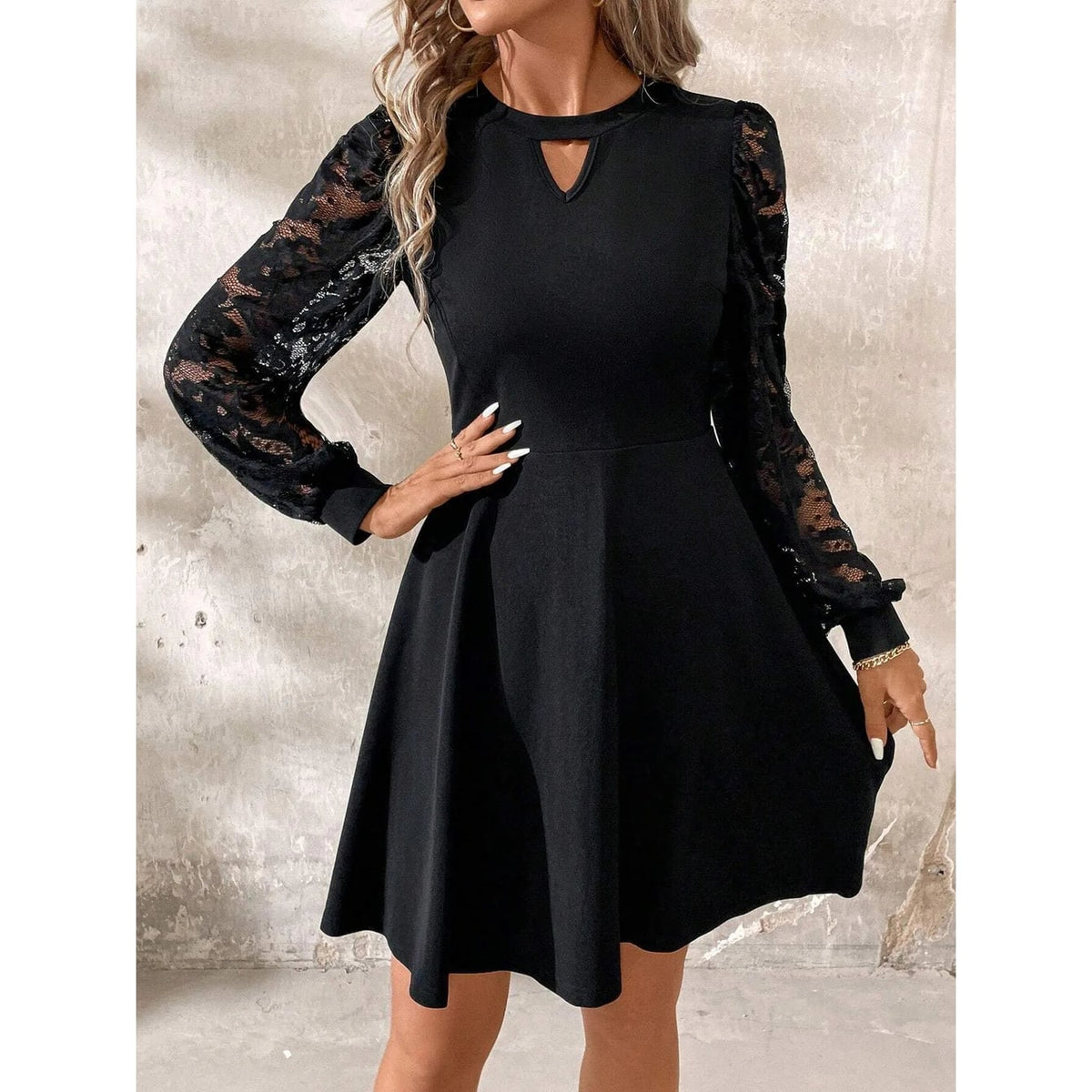 Women's Homecoming Dress Mini Little with Lace Sleeves and Keyhole Neckline - Image 6