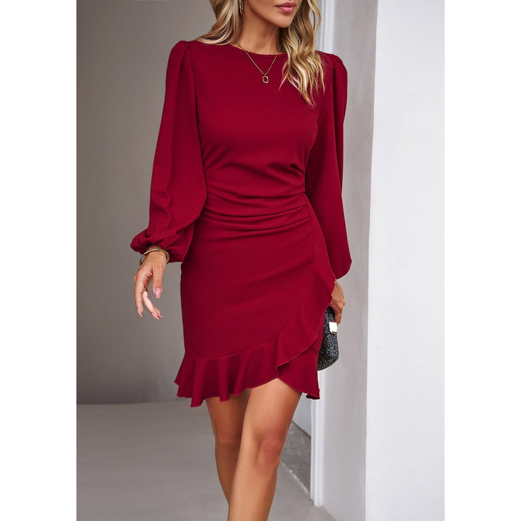 Women's Homecoming Dress Mini with Long Sleeve Ruffle and Ruched Waist - Image 5