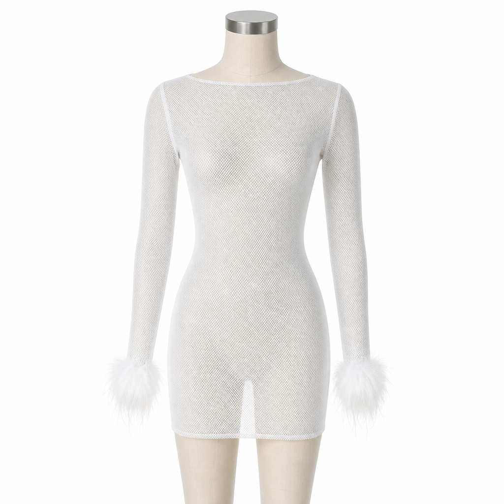Women's Homecoming Dress Mini with Long Sleeves Feather Cuffs Mesh Sheer - Image 2