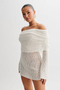 Women's Homecoming Dress Off Shoulder Mini Knit with Flared Sleeves and Ruched Detail - Image 1