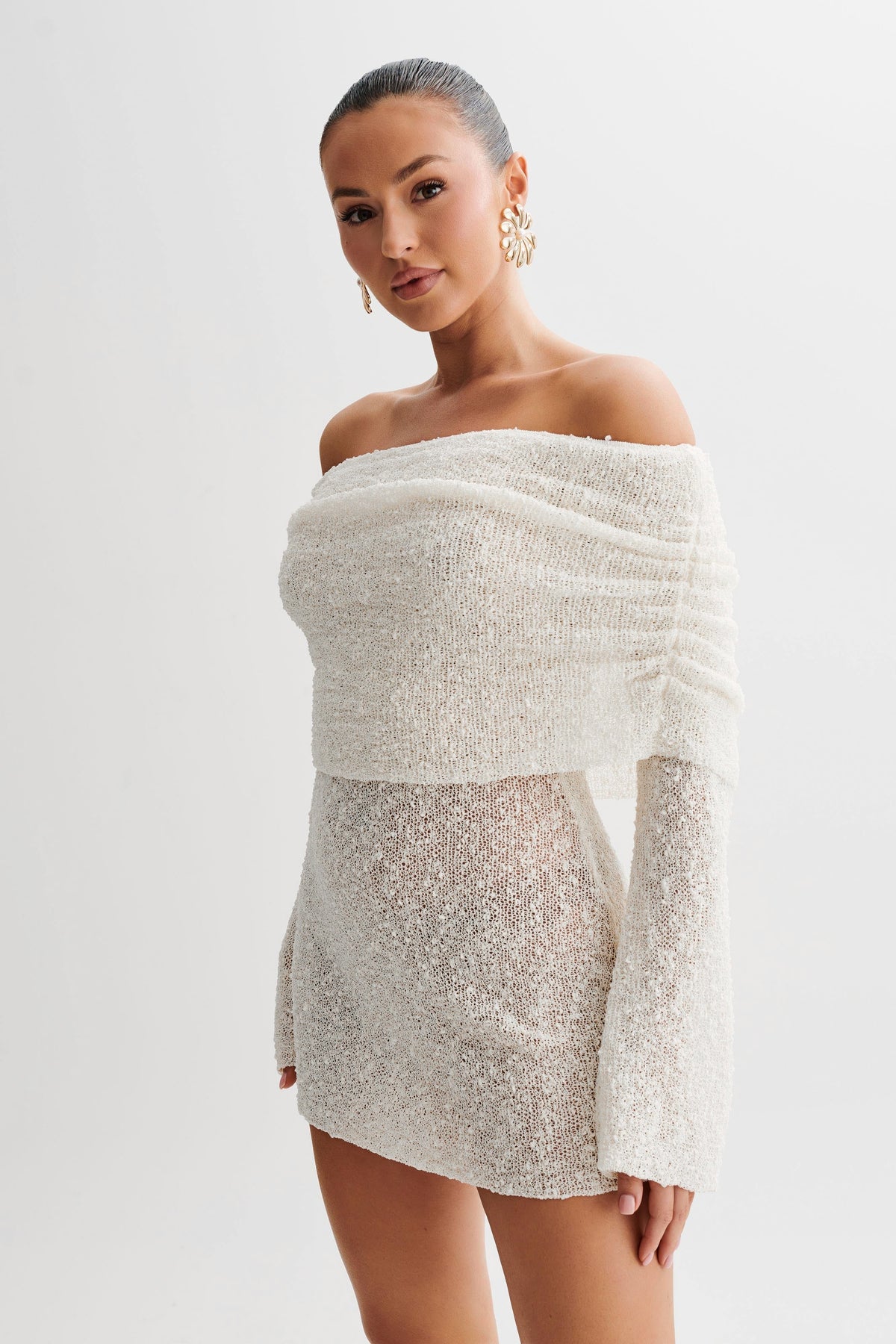 Women's Homecoming Dress Off Shoulder Mini Knit with Flared Sleeves and Ruched Detail - Image 1