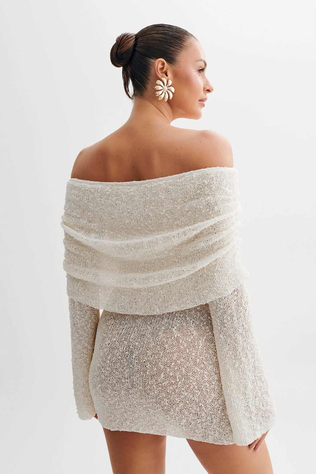 Women's Homecoming Dress Off Shoulder Mini Knit with Flared Sleeves and Ruched Detail - Image 2