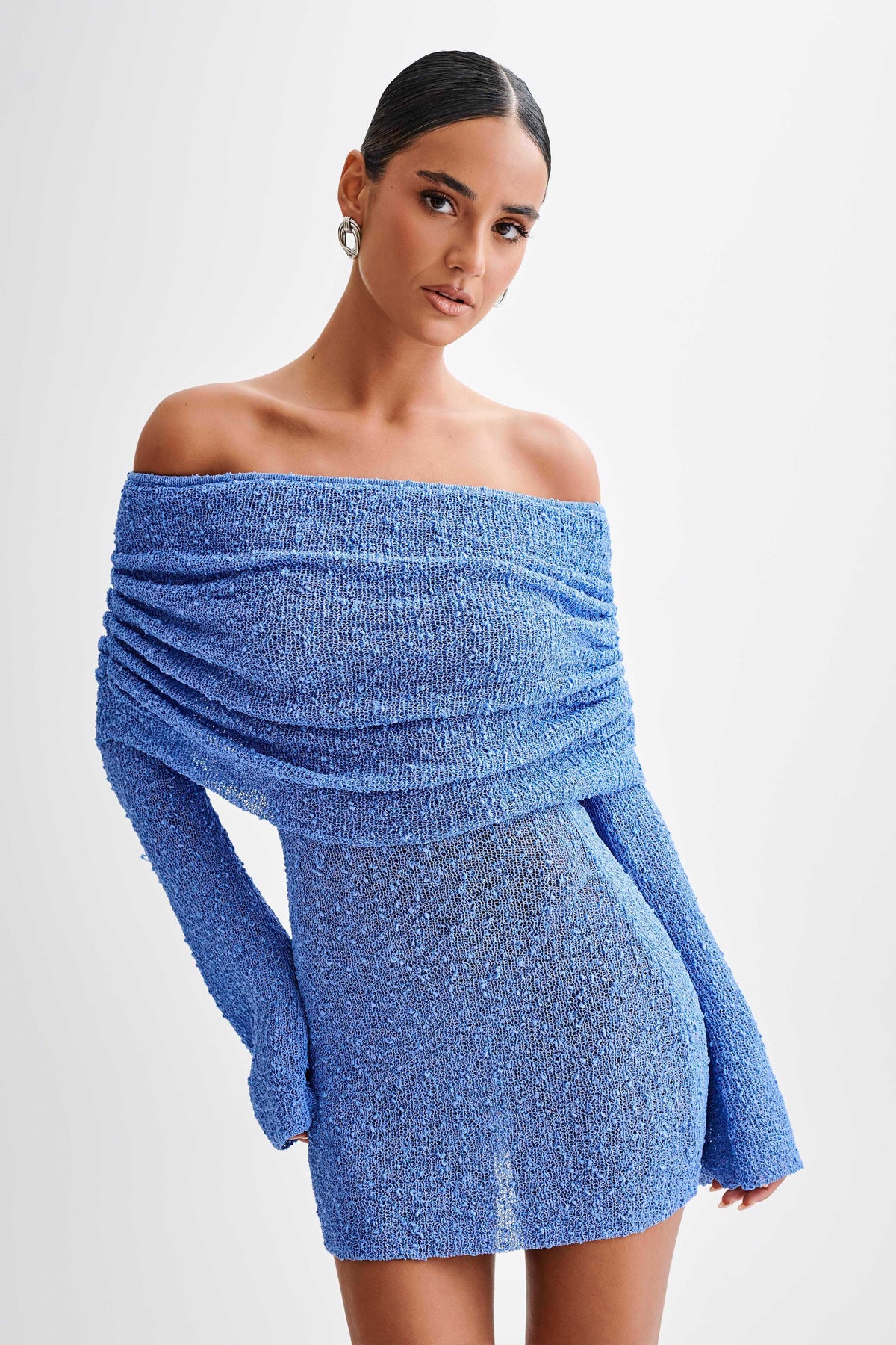Women's Homecoming Dress Off Shoulder Mini Knit with Flared Sleeves and Ruched Detail - Image 7