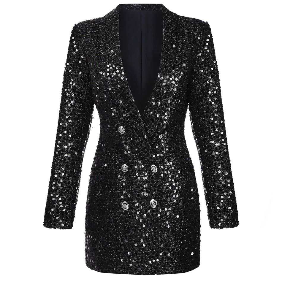 Women's Homecoming Dress Sequin Blazer Mini with Long Sleeves and Sparkly Double-Breasted Detail - Image 2