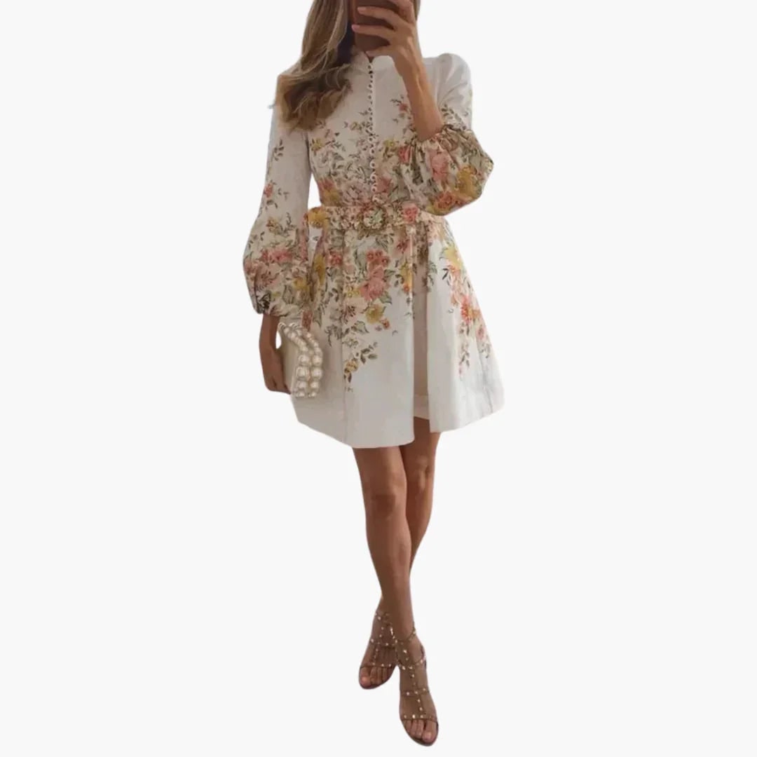 Women's Homecoming Floral Mini Dress with A-Line Silhouette and Balloon Sleeves Button Front - Image 1
