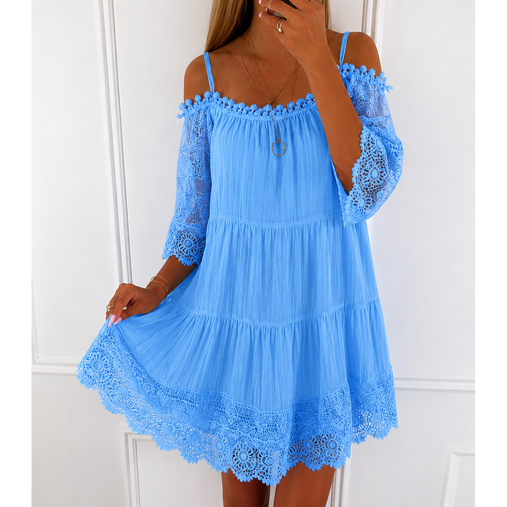 Women's Homecoming Mini Off the Shoulder Dress with Bell Sleeves and Lace Trim - Image 3