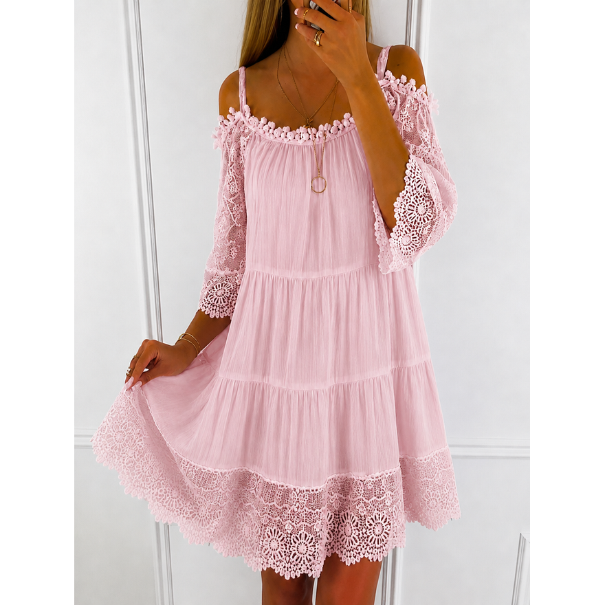 Women's Homecoming Mini Off the Shoulder Dress with Bell Sleeves and Lace Trim - Image 4