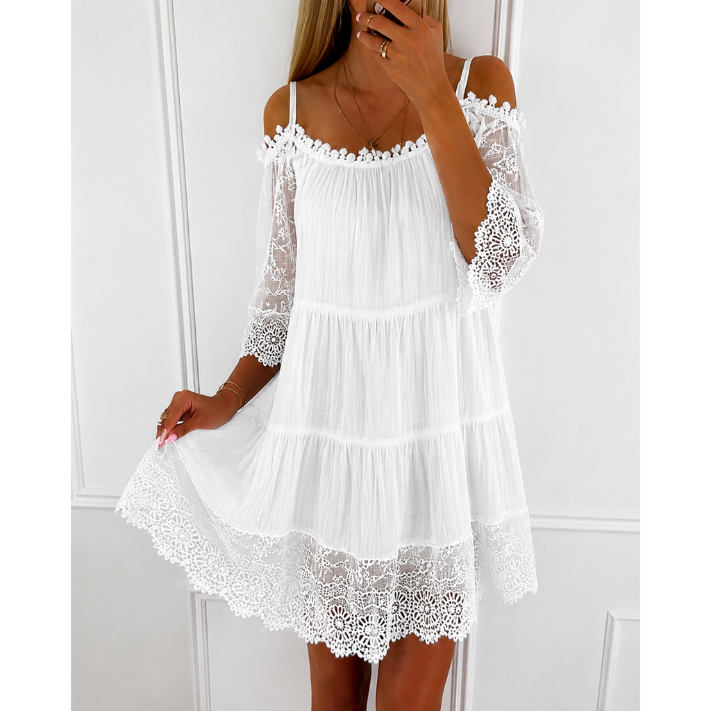 Women's Homecoming Mini Off the Shoulder Dress with Bell Sleeves and Lace Trim - Image 5
