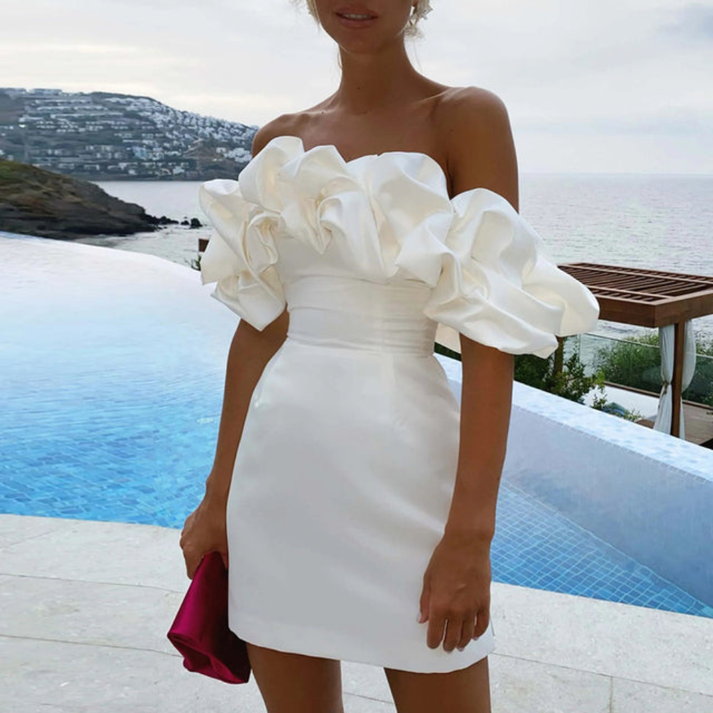Women's Homecoming Ruffle Mini Dress with Off-The-Shoulder Neckline Wedding Guest Satin - Image 1