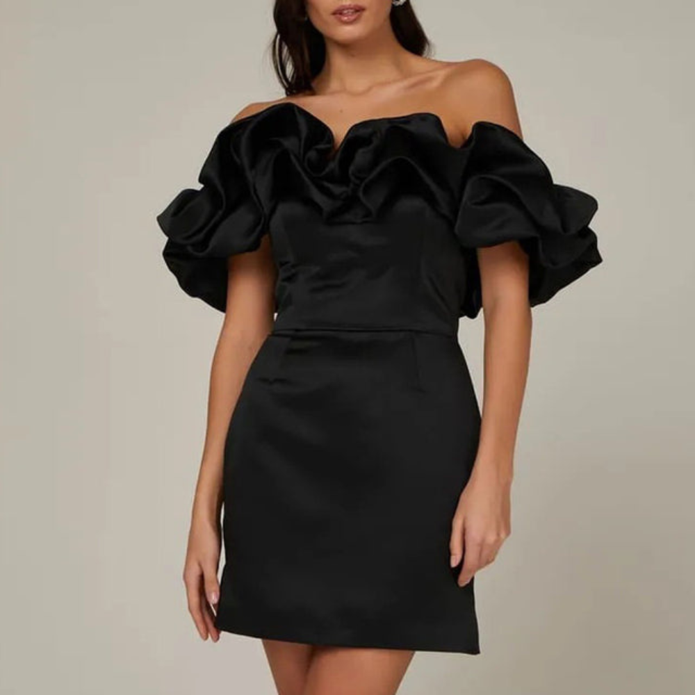 Women's Homecoming Ruffle Mini Dress with Off-The-Shoulder Neckline Wedding Guest Satin - Image 2