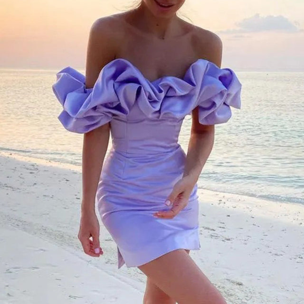 Women's Homecoming Ruffle Mini Dress with Off-The-Shoulder Neckline Wedding Guest Satin - Image 3