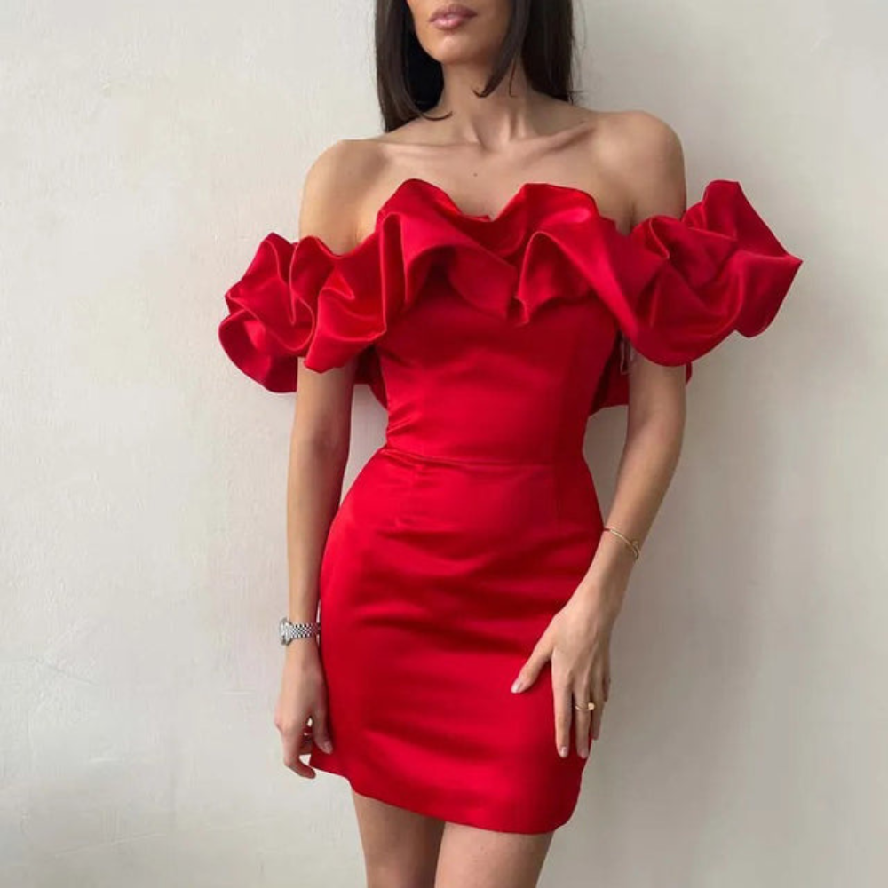 Women's Homecoming Ruffle Mini Dress with Off-The-Shoulder Neckline Wedding Guest Satin - Image 4