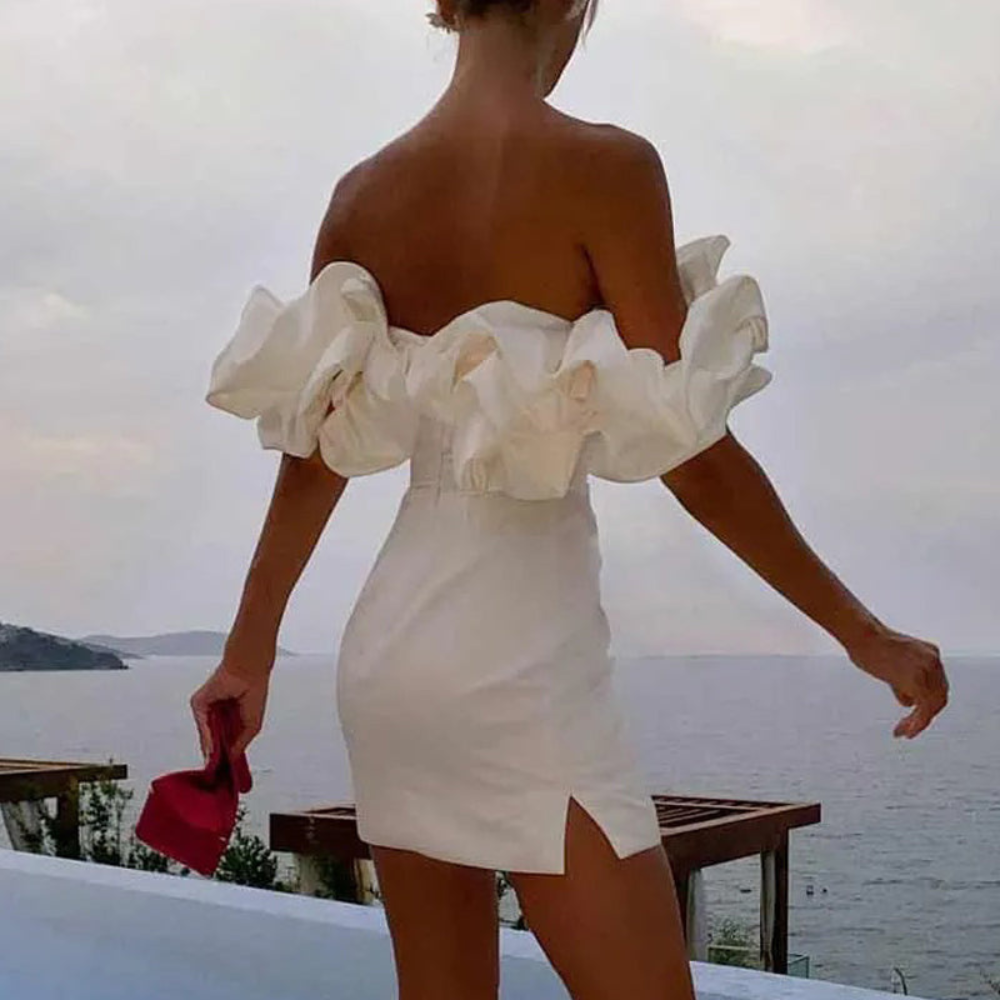 Women's Homecoming Ruffle Mini Dress with Off-The-Shoulder Neckline Wedding Guest Satin - Image 6
