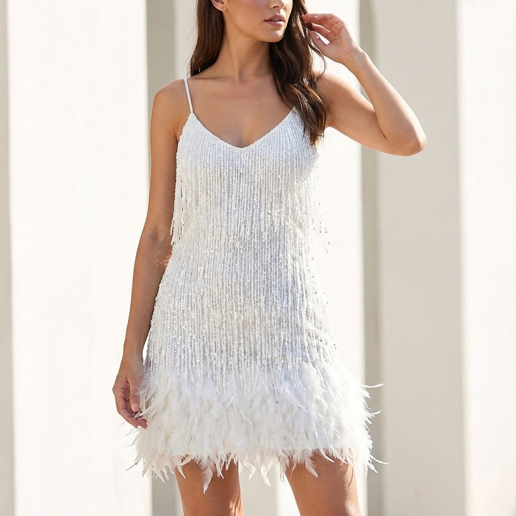 Women's Homecoming Sequin Mini Dress with Feather Hem and Fringe Bodice Party - Image 1