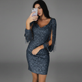 Women's Homecoming Sequin Mini Dress with Long Sleeves and Fringe Bodycon Party Sparkly - Image 1