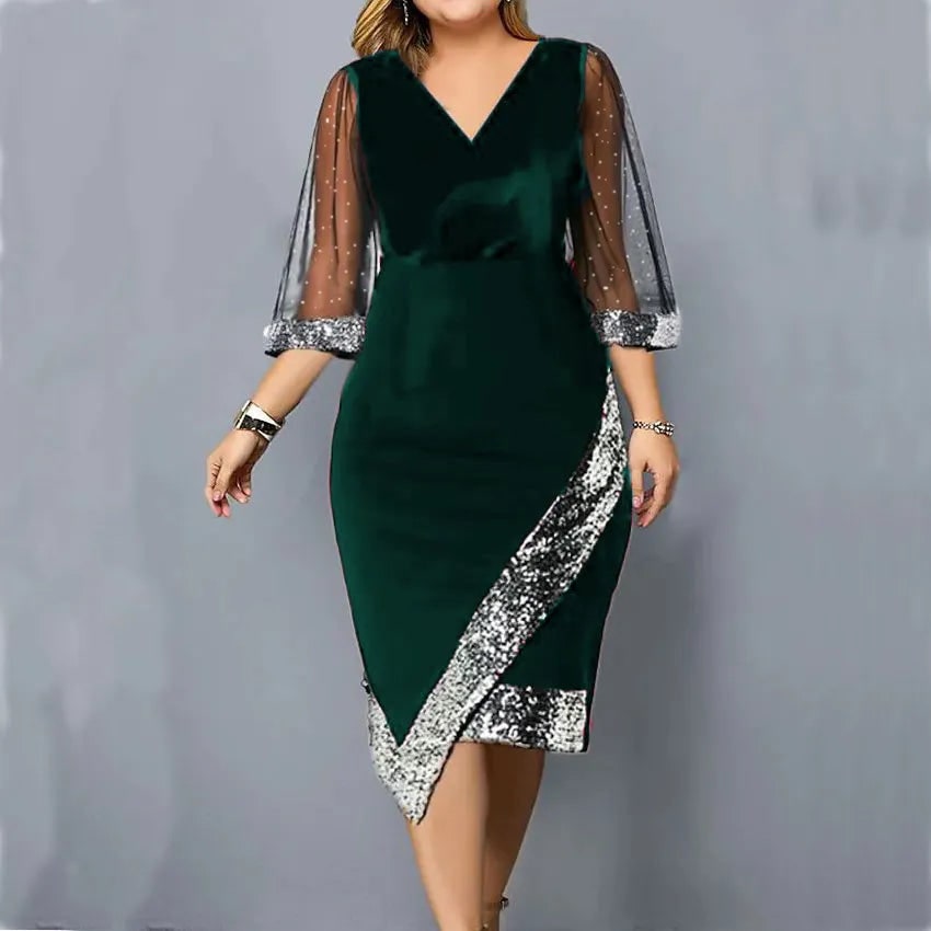 Women's Homecoming Velvet Sequin Midi Dress with Sheer Mesh Sleeves Party Cocktail - Image 1