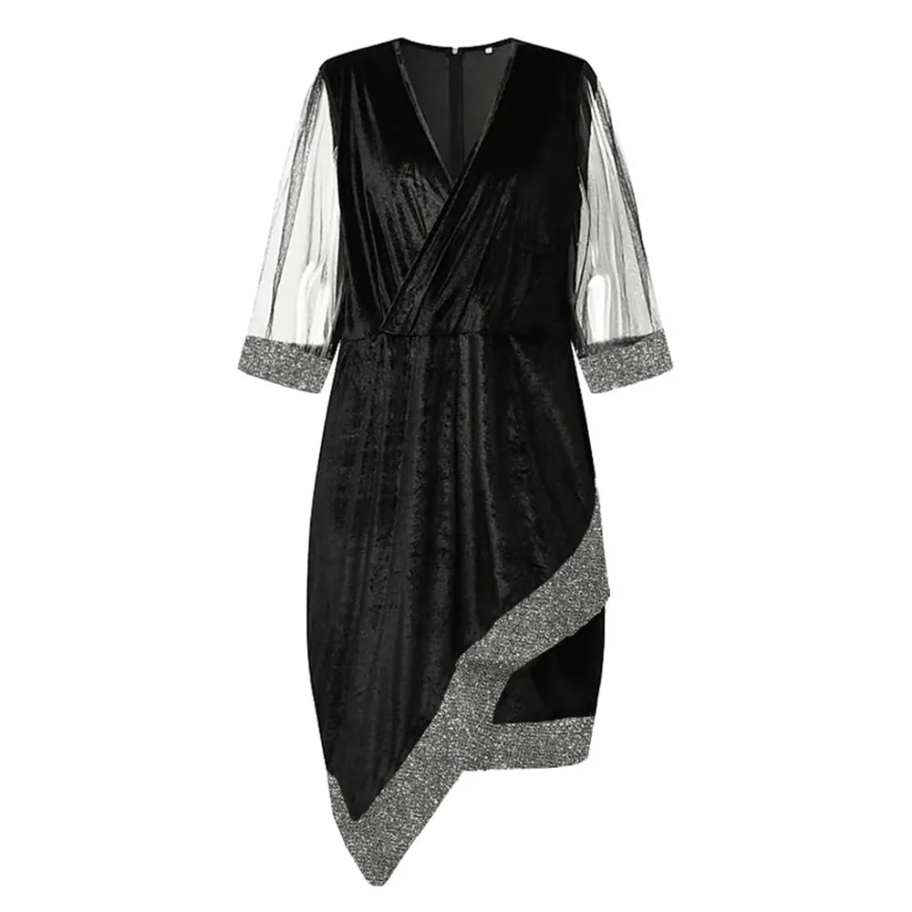 Women's Homecoming Velvet Sequin Midi Dress with Sheer Mesh Sleeves Party Cocktail - Image 13
