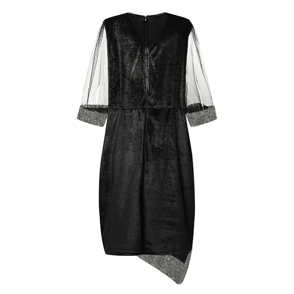 Women's Homecoming Velvet Sequin Midi Dress with Sheer Mesh Sleeves Party Cocktail - Image 14