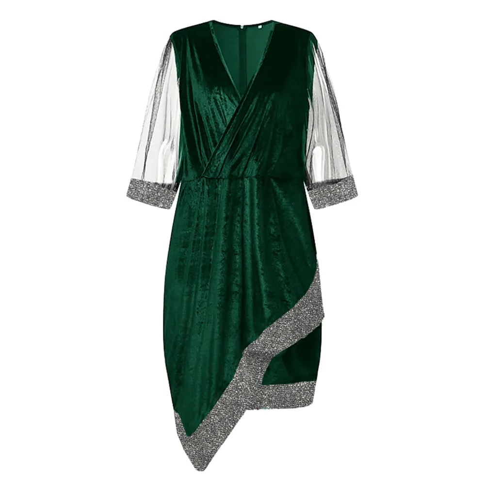 Women's Homecoming Velvet Sequin Midi Dress with Sheer Mesh Sleeves Party Cocktail - Image 2