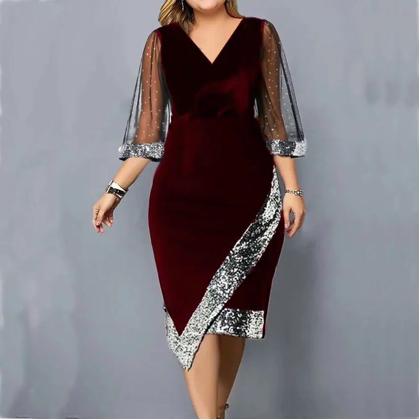 Women's Homecoming Velvet Sequin Midi Dress with Sheer Mesh Sleeves Party Cocktail - Image 4