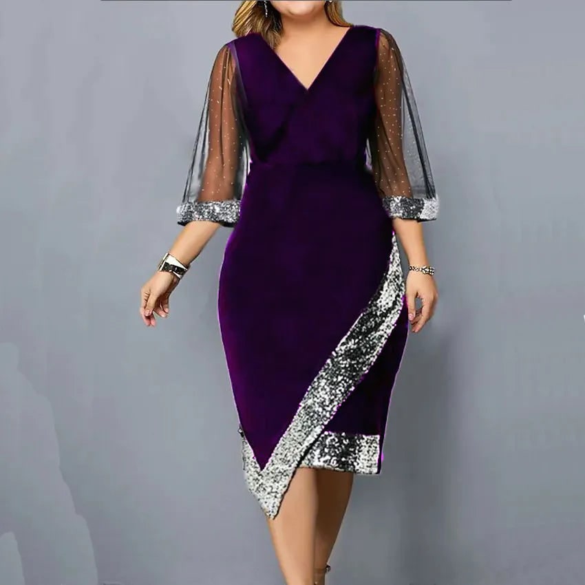 Women's Homecoming Velvet Sequin Midi Dress with Sheer Mesh Sleeves Party Cocktail - Image 5