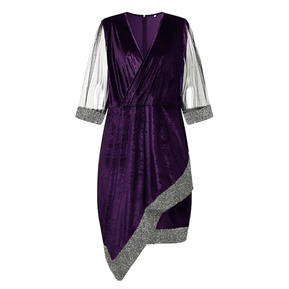 Women's Homecoming Velvet Sequin Midi Dress with Sheer Mesh Sleeves Party Cocktail - Image 6