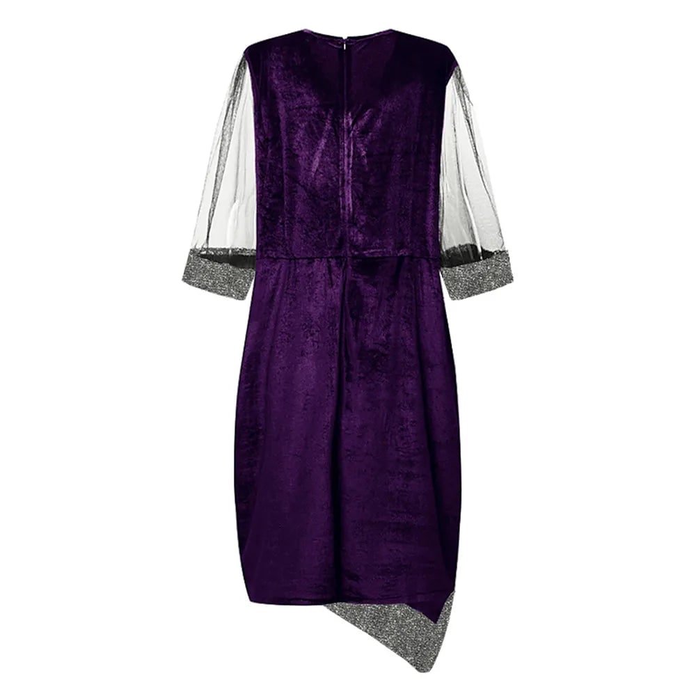 Women's Homecoming Velvet Sequin Midi Dress with Sheer Mesh Sleeves Party Cocktail - Image 7
