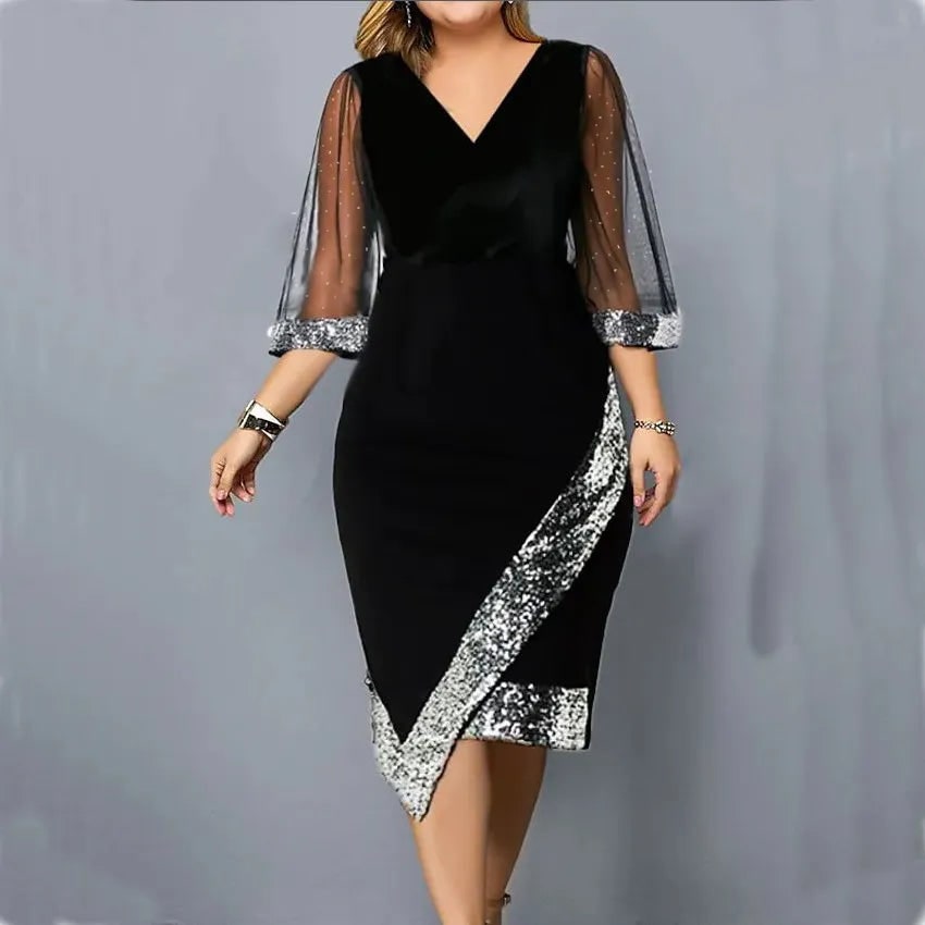 Women's Homecoming Velvet Sequin Midi Dress with Sheer Mesh Sleeves Party Cocktail - Image 8
