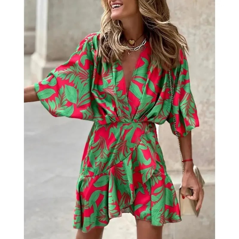 Women's Homecoming Wedding Guest Mini Dress with Wrap Skirt and Ruffled Hem - Image 2