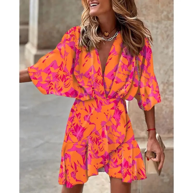 Women's Homecoming Wedding Guest Mini Dress with Wrap Skirt and Ruffled Hem - Image 3