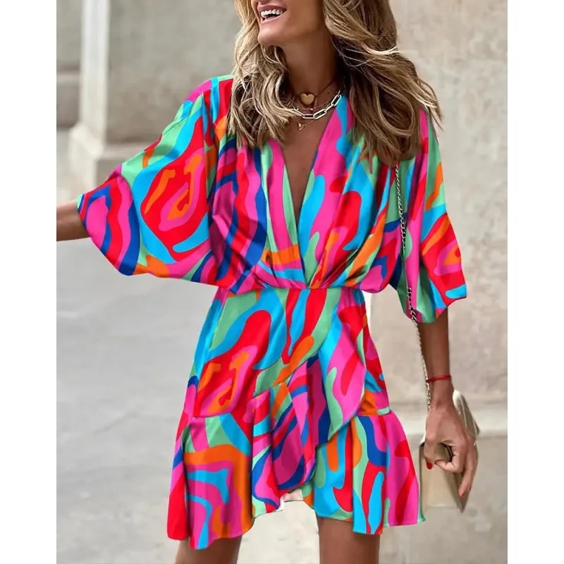Women's Homecoming Wedding Guest Mini Dress with Wrap Skirt and Ruffled Hem - Image 4