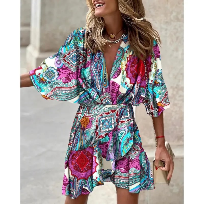 Women's Homecoming Wedding Guest Mini Dress with Wrap Skirt and Ruffled Hem - Image 5