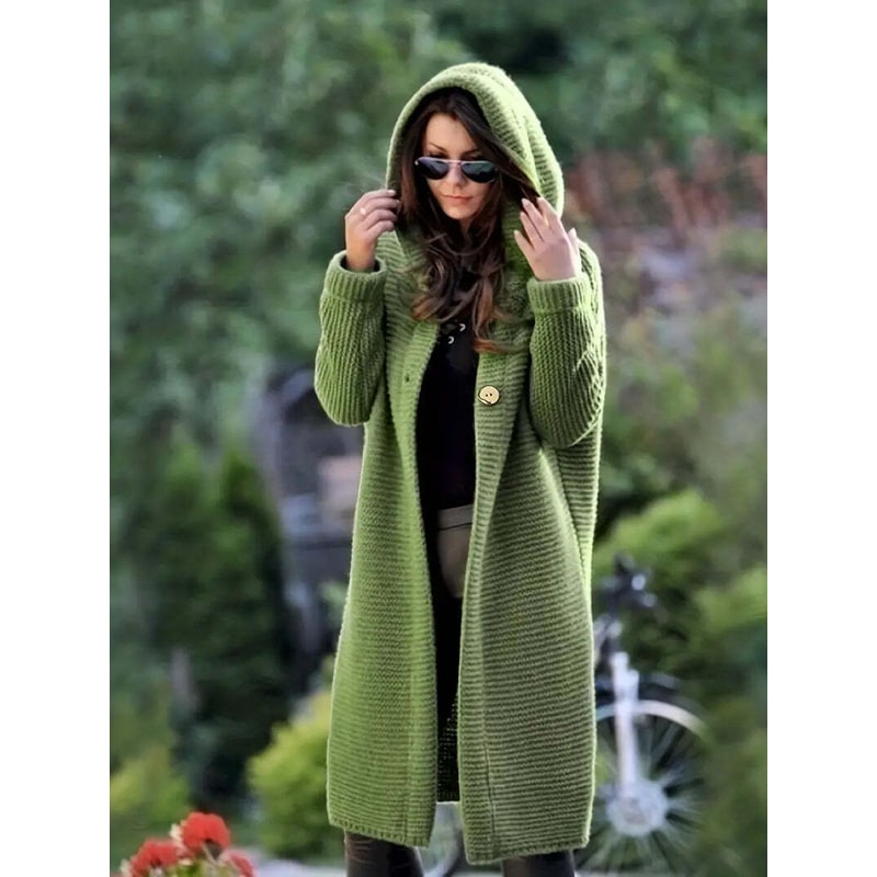 Women's Hooded Cardigan Sweater with Ribbed Knit Button Front Longline - Image 1