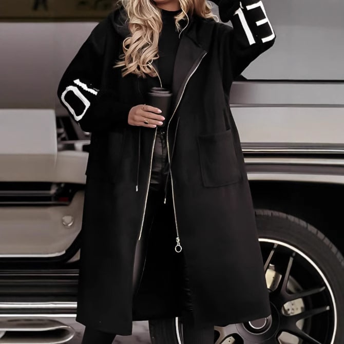 Women's Hooded Trench Coat with Knit Sleeves Drawstring Waist and Pockets Long Winter - Image 1