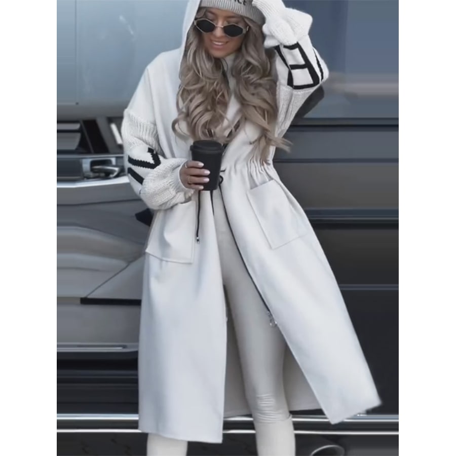 Women's Hooded Trench Coat with Knit Sleeves Drawstring Waist and Pockets Long Winter - Image 2