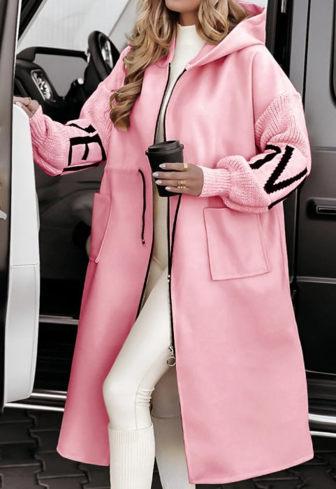 Women's Hooded Trench Coat with Knit Sleeves Drawstring Waist and Pockets Long Winter - Image 3