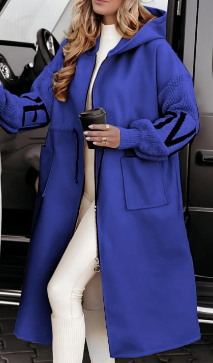 Women's Hooded Trench Coat with Knit Sleeves Drawstring Waist and Pockets Long Winter - Image 5