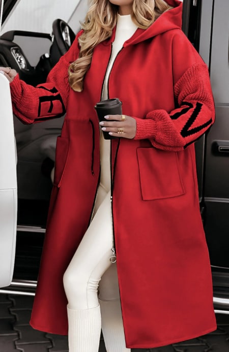 Women's Hooded Trench Coat with Knit Sleeves Drawstring Waist and Pockets Long Winter - Image 6