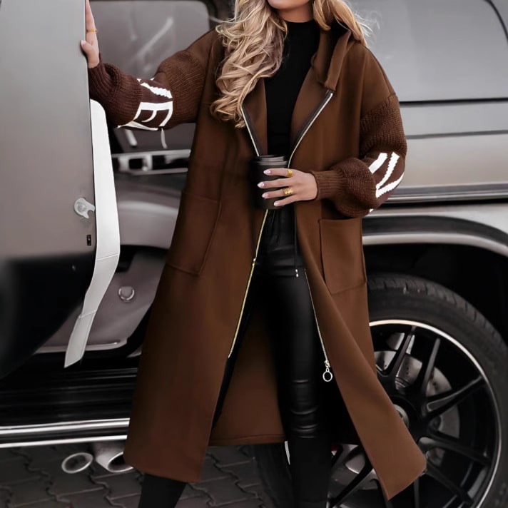 Women's Hooded Trench Coat with Knit Sleeves Drawstring Waist and Pockets Long Winter - Image 7