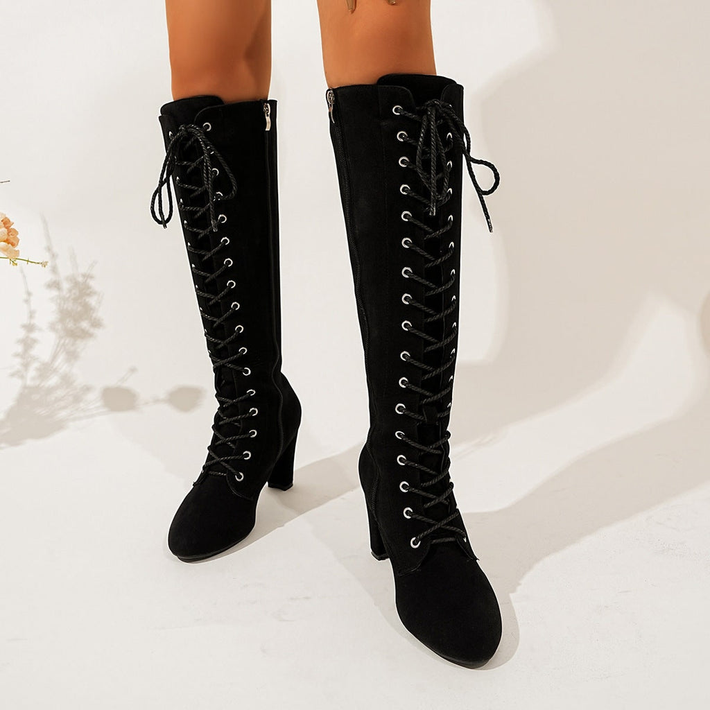 Women's Knee High Boots Lace Up Faux Suede with Block Heel and Side Zipper - Image 3