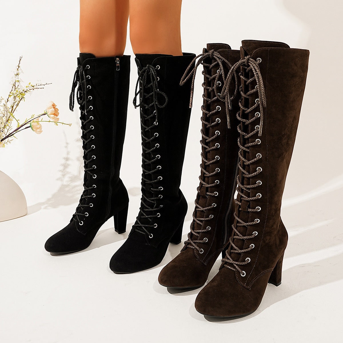 Women's Knee High Boots Lace Up Faux Suede with Block Heel and Side Zipper - Image 4