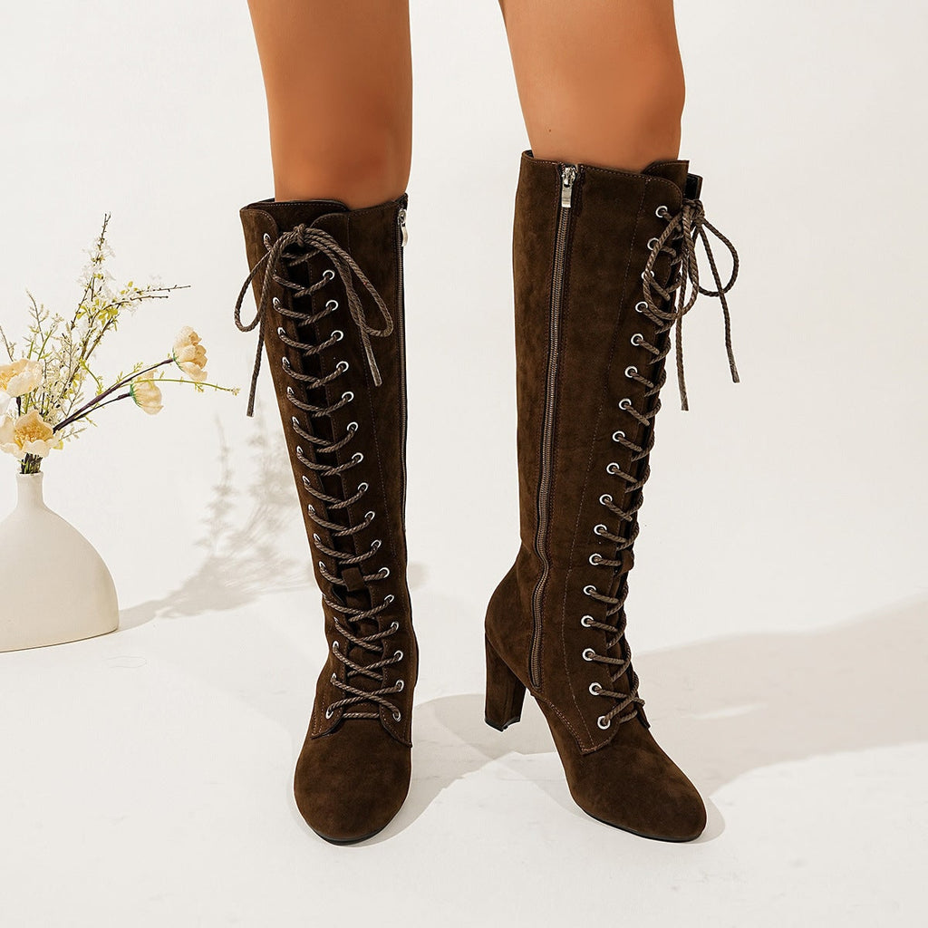 Women's Knee High Boots Lace Up Faux Suede with Block Heel and Side Zipper - Image 6