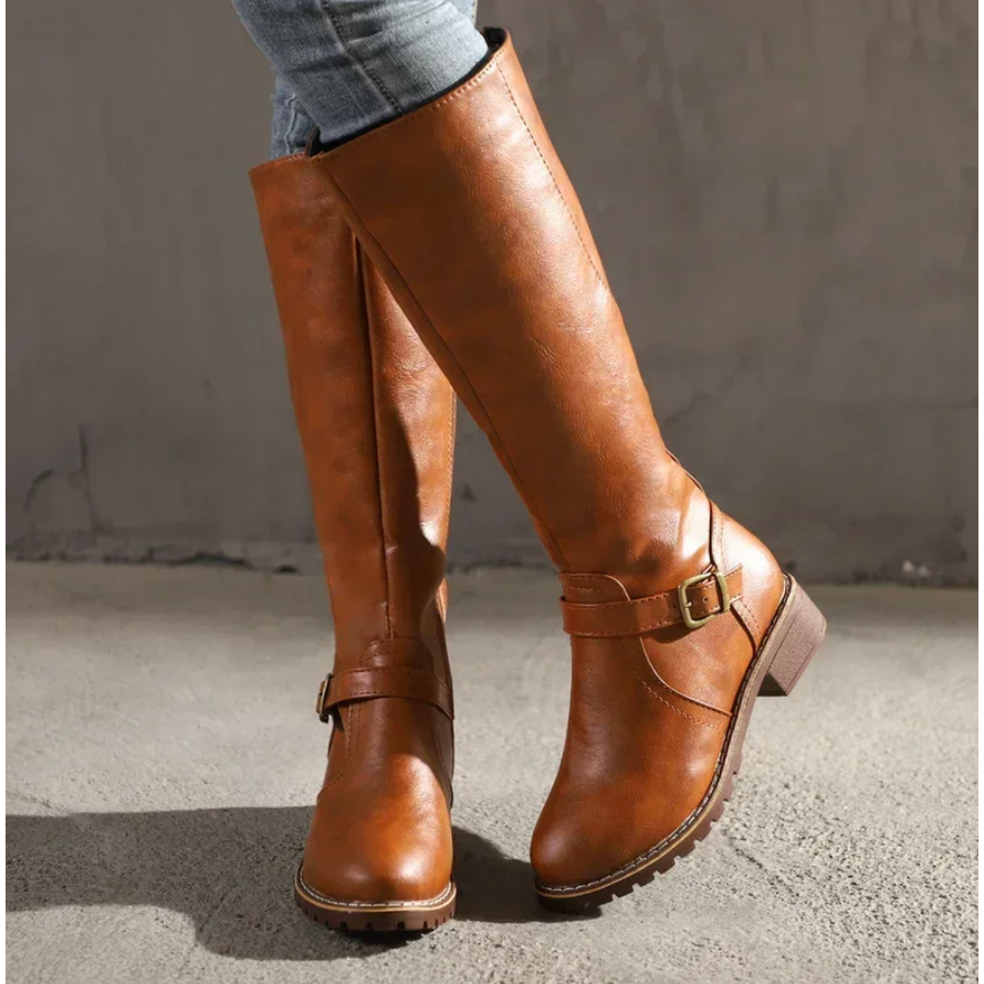 Women's Knee High Boots with Buckle Strap and Zipper Closure Tall - Image 1