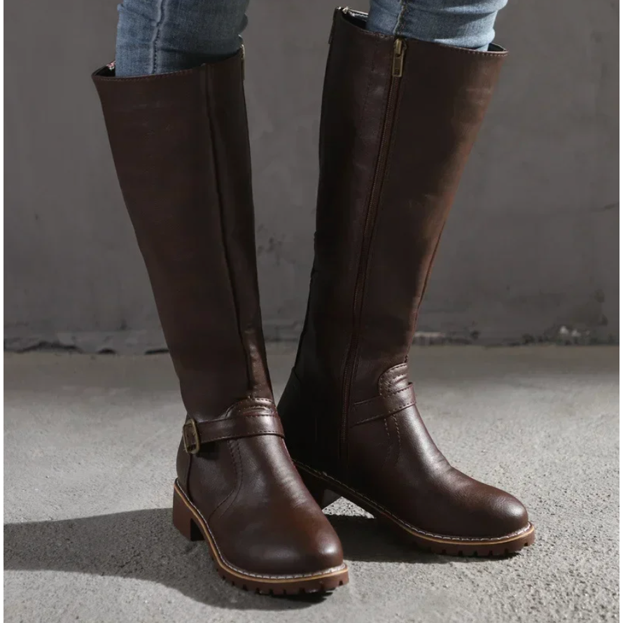 Women's Knee High Boots with Buckle Strap and Zipper Closure Tall - Image 2